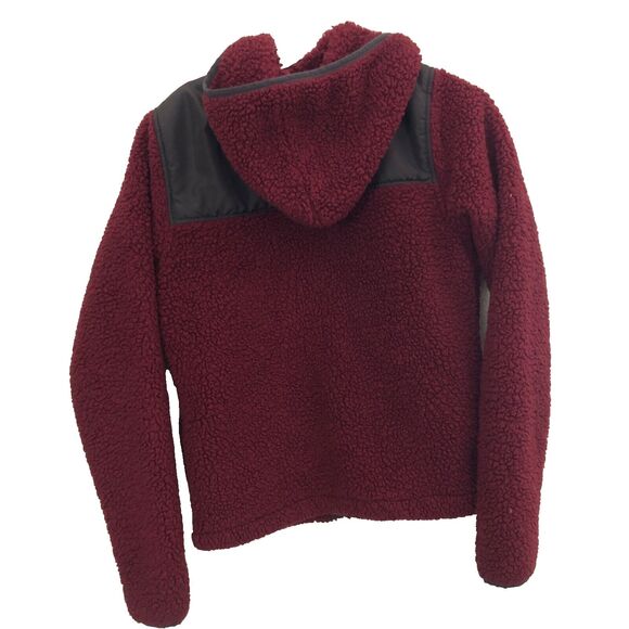 SO Women’s XS Sherpa Zip-Up Jacket – Maroon Fuzzy Hooded Coat with Pockets - Picture 4 of 8